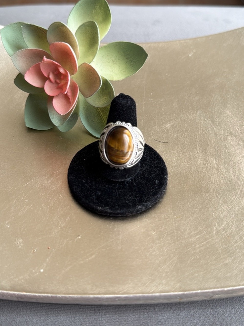 Silver Tone Tiger's Eye Statement Ring - Brown Southwest Chunky Size 10.5